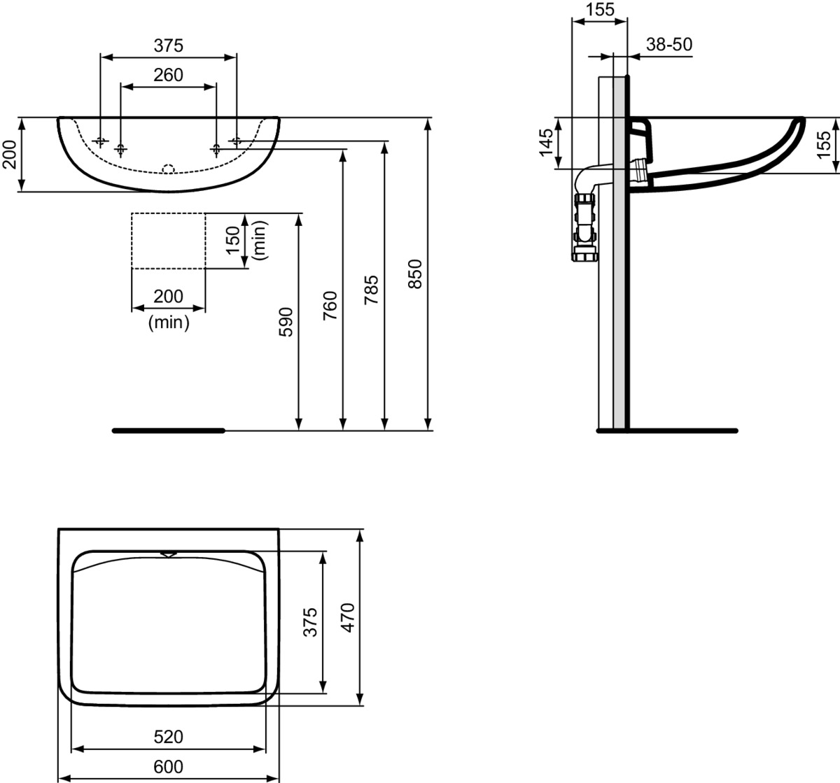 IDEAL STANDARD Umyvadlo Contour 21+ 600x470 mm, bez otvoru pro baterii, bez přepadu #E232801 - Bílá (Alpine)
