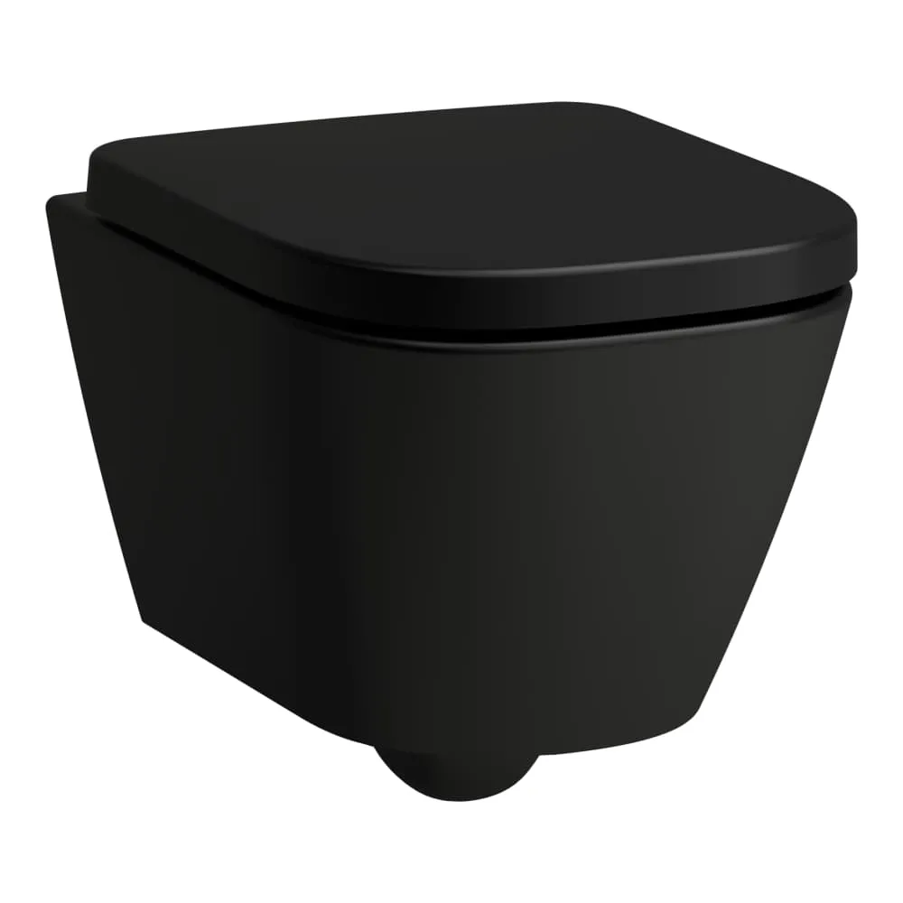 LAUFEN MEDA Závěsné WC COMBI PACK, Silent flush, rimless, hluboké splachování. Obsahuje závěsné WC rimless advanced compact, sedátko s poklopem se zpomalovacím systémem a sadu zvukově izolačních podložek mezi WC a stěnu 490 x 360 x 355 mm #H8661137160001 - 716 - Černá mat