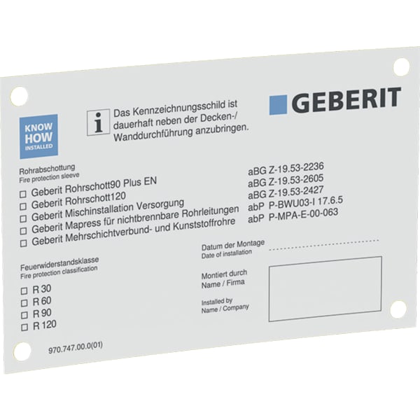 GEBERIT Identifikační štítek Geberit pro těsnění prostupů potrubí #348.309.00.1