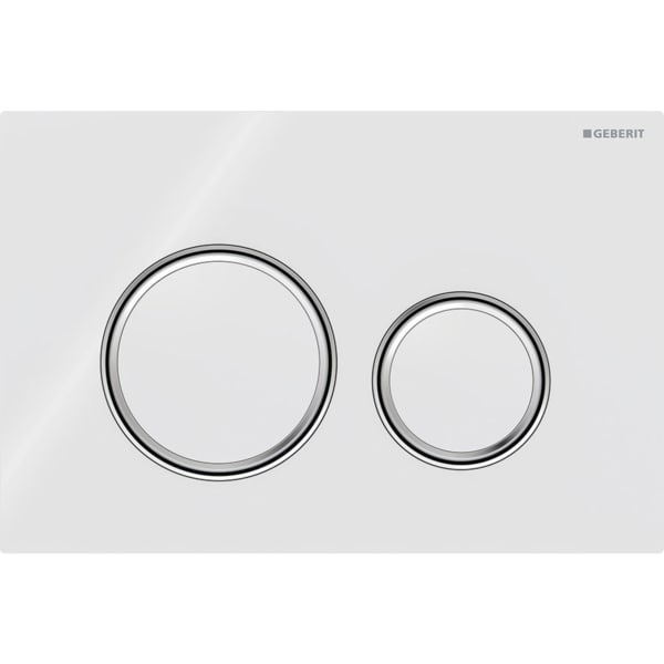 GEBERIT Ovládací tlačítko Geberit Sigma50 (dříve Sigma21), pro 2 množství splachování, Round, kovová barva, pochromované Základní deska a designové kroužky: chromované Krycí deska a tlačítka: bílá #115.884.SI.1