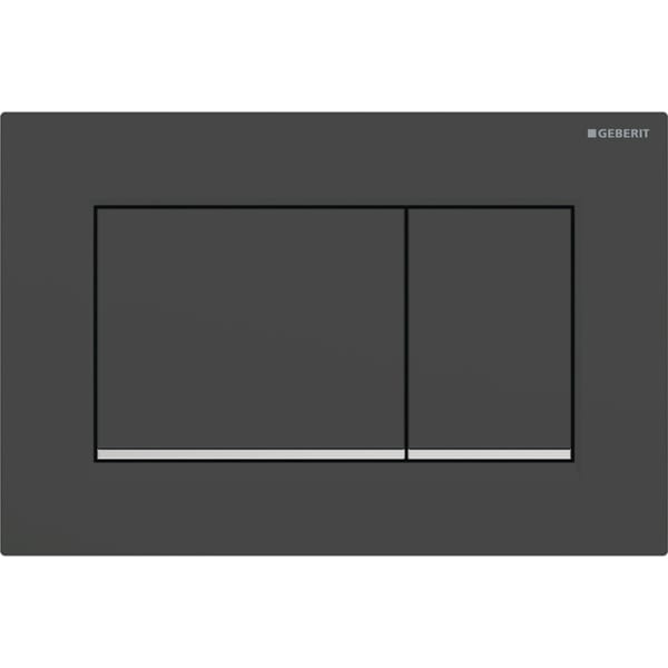 GEBERIT Ovládací tlačítko Geberit Sigma20 (dříve Sigma30), pro 2 množství splachování, Square Deska a ovládací tlačítko: lakování černé matné, s povrchovou úpravou easy-to-clean Designový proužek: pochromovaný lesklý #115.883.14.1