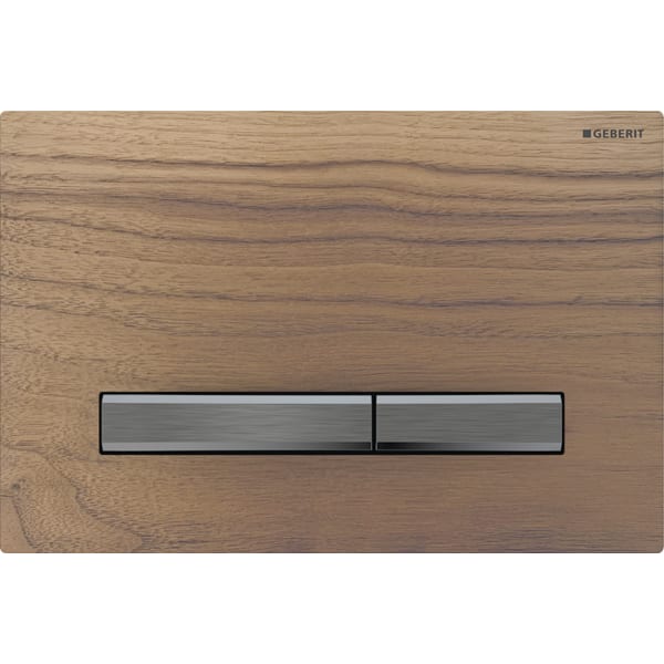 GEBERIT Ovládací tlačítko Geberit Sigma50, pro 2 množství splachování, Square, kovová barva, černý chrom Základní deska a tlačítka: černý chrom Krycí deska: Ořech americký #115.671.JX.2