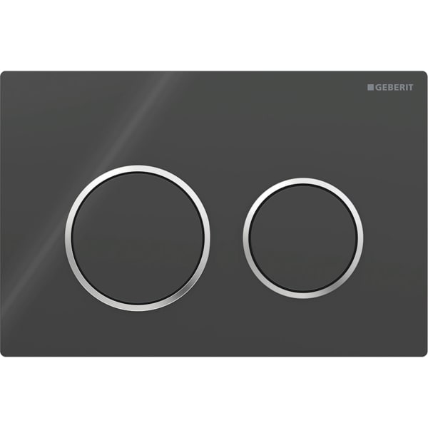 GEBERIT Ovládací tlačítko Geberit Omega20, pro 2 množství splachování, Round Deska a ovládací tlačítka: černá Designové kroužky: leskle pochromované #115.085.KM.1