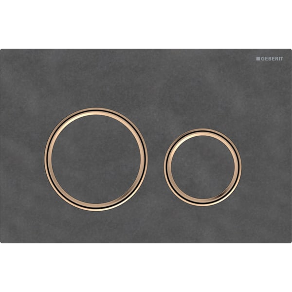 GEBERIT Ovládací tlačítko Geberit Sigma50 (dříve Sigma21), pro 2 množství splachování, Round, kovová barva, červené zlaté Základní deska a designové kroužky: červené zlato Krycí deska a tlačítka: Břidlice Mustang #115.650.JM.1