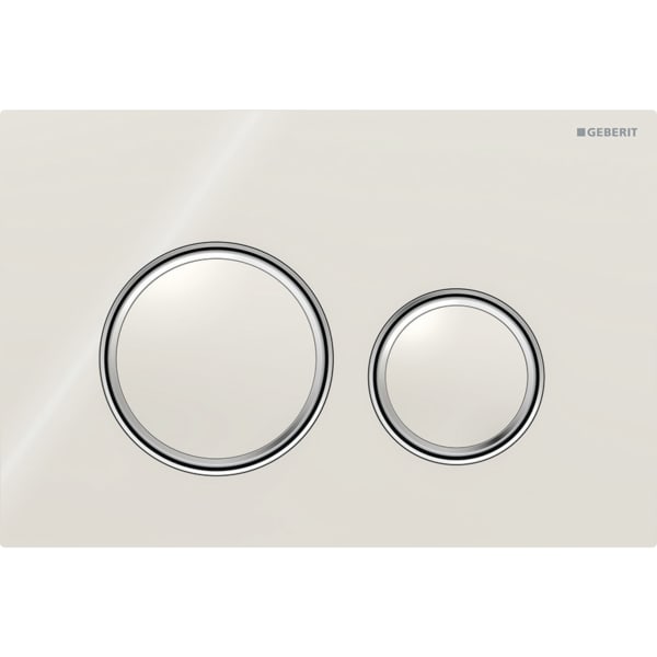 GEBERIT Ovládací tlačítko Geberit Sigma50 (dříve Sigma21), pro 2 množství splachování, Round, kovová barva, pochromované Základní deska a designové kroužky: chromované Krycí deska a tlačítka: písková šedá #115.884.JL.1