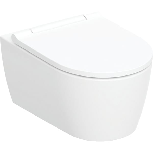 GEBERIT Sada závěsného WC Geberit ONE s hlubokým splachováním, uzavřený tvar, TurboFlush, s WC sedátkem WC keramika: bílá matná Designový kryt: pochromovaná lesklá Designový kryt: bílý #500.202.JT.1