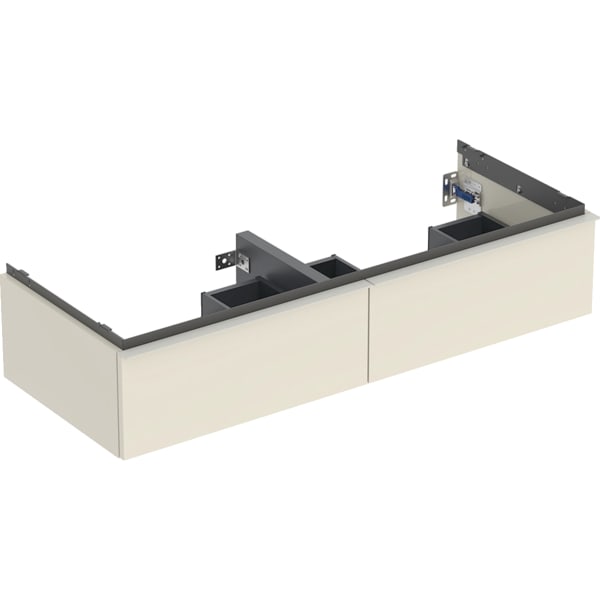 GEBERIT Skříňka pod dvojité umyvadlo Geberit iCon, se dvěma zásuvkami Korpus a přední strana: písková šedá / lakované s vysokým leskem Madlo: písková šedá / prášková barva matná #502.314.JL.1