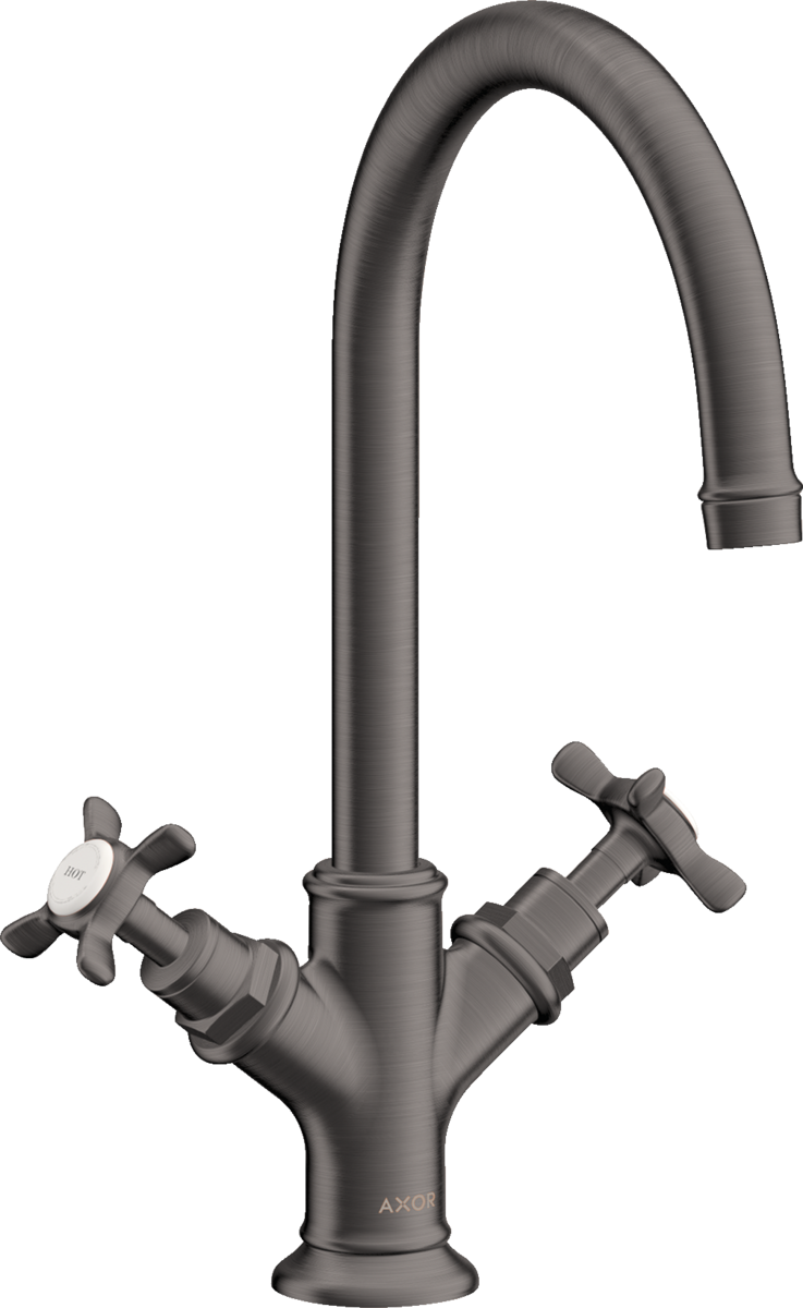 HANSGROHE AXOR Montreux Umyvadlová baterie se se dvěma ventily 210 s rukojeťmi ve tvaru kříže a s odtokovou soupravou s táhlem #16502340 - kartáčovaný černý chrom