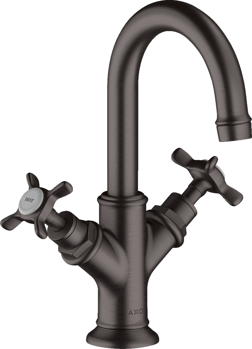 HANSGROHE AXOR Montreux Umyvadlová baterie se se dvěma vemtily 160 s rukojeťmi ve tvaru kříže, pro umývátka, s odtokovou soupravou s táhlem #16505340 - kartáčovaný černý chrom