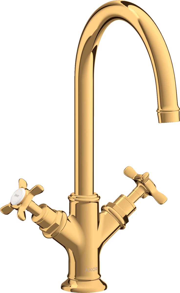 HANSGROHE AXOR Montreux 2-ruční umyvadlová baterie 210 s křížovými rukojeťmi a vyskakovacím odpadem #16502990 - Polished Gold Optic