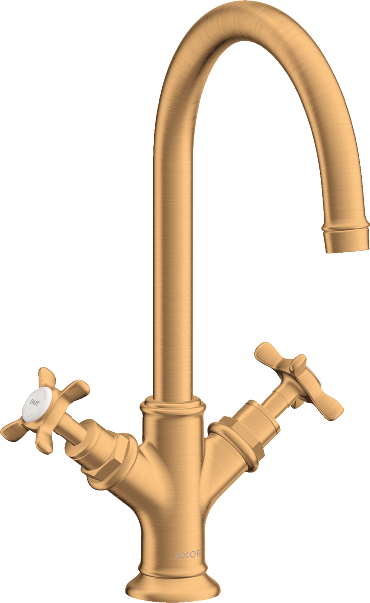 HANSGROHE AXOR Montreux 2-ruční umyvadlová baterie 210 s křížovými rukojeťmi a výsuvným odpadem #16502250 - Brushed Gold Optic