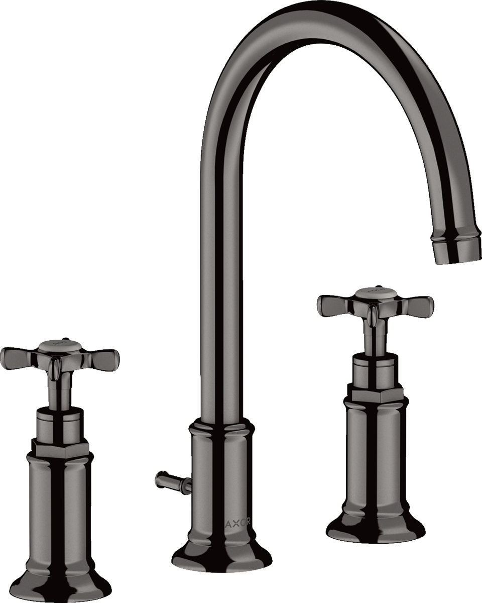 HANSGROHE AXOR Montreux tříotvorová umyvadlová baterie 180 s křížovými rukojeťmi a výsuvným odpadem #16513330 - Leštěný černý chrom