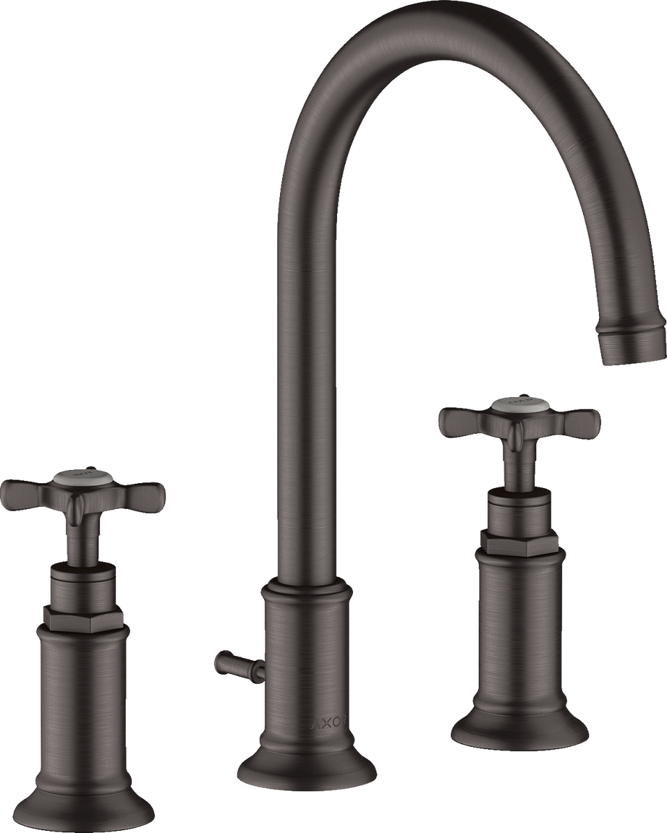 HANSGROHE AXOR Montreux 3otvorová umyvadlová baterie 180 s rukojeťmi ve tvaru kříže, s odtokovou soupravou s táhlem #16513340 - kartáčovaný černý chrom
