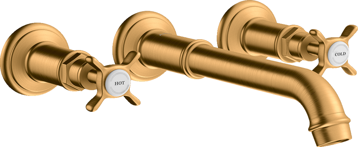 HANSGROHE AXOR Montreux tříotvorová umyvadlová baterie pro montáž na stěnu s výtokem 165 - 225 mm a křížovými rukojeťmi #16532250 - Brushed Gold Optic