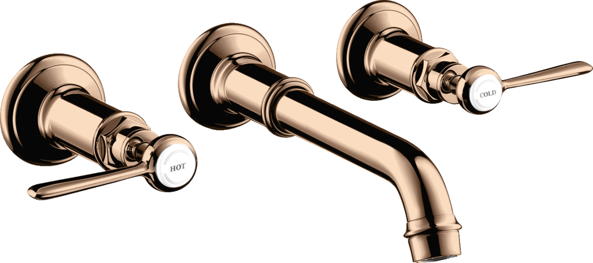 HANSGROHE AXOR Montreux tříotvorová podomítková umyvadlová baterie pro montáž na stěnu s výtokem 165 - 225 mm a pákovými rukojeťmi #16534300 - Leštěné červené zlato