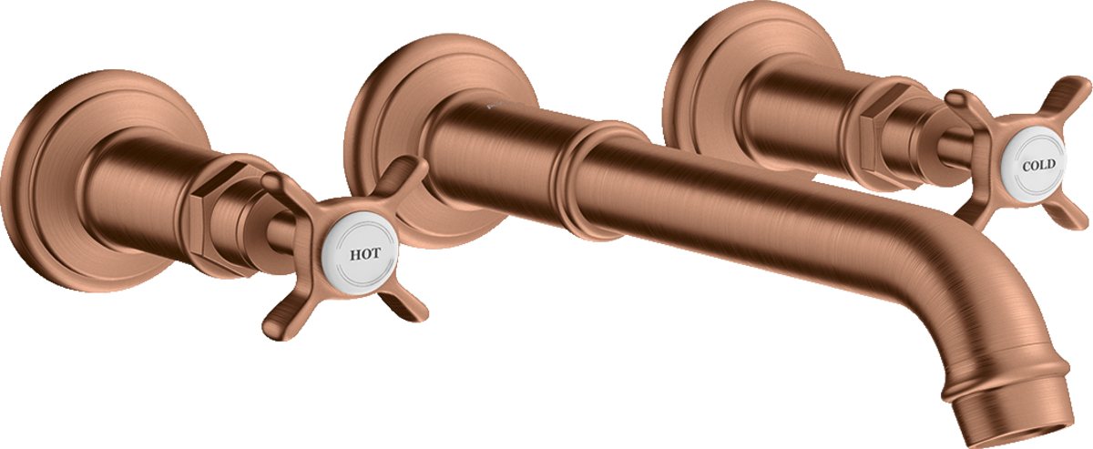 HANSGROHE AXOR Montreux tříotvorová umyvadlová baterie pro montáž na stěnu s výtokem 165 - 225 mm a křížovými rukojeťmi #16532310 - kartáčované červené zlato