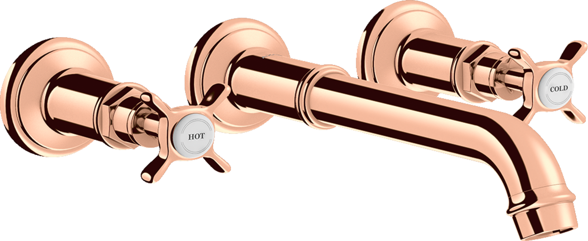 HANSGROHE AXOR Montreux tříotvorová podomítková umyvadlová baterie pro montáž na stěnu s výtokem 165 - 225 mm a křížovými rukojeťmi #16532300 - Leštěné červené zlato