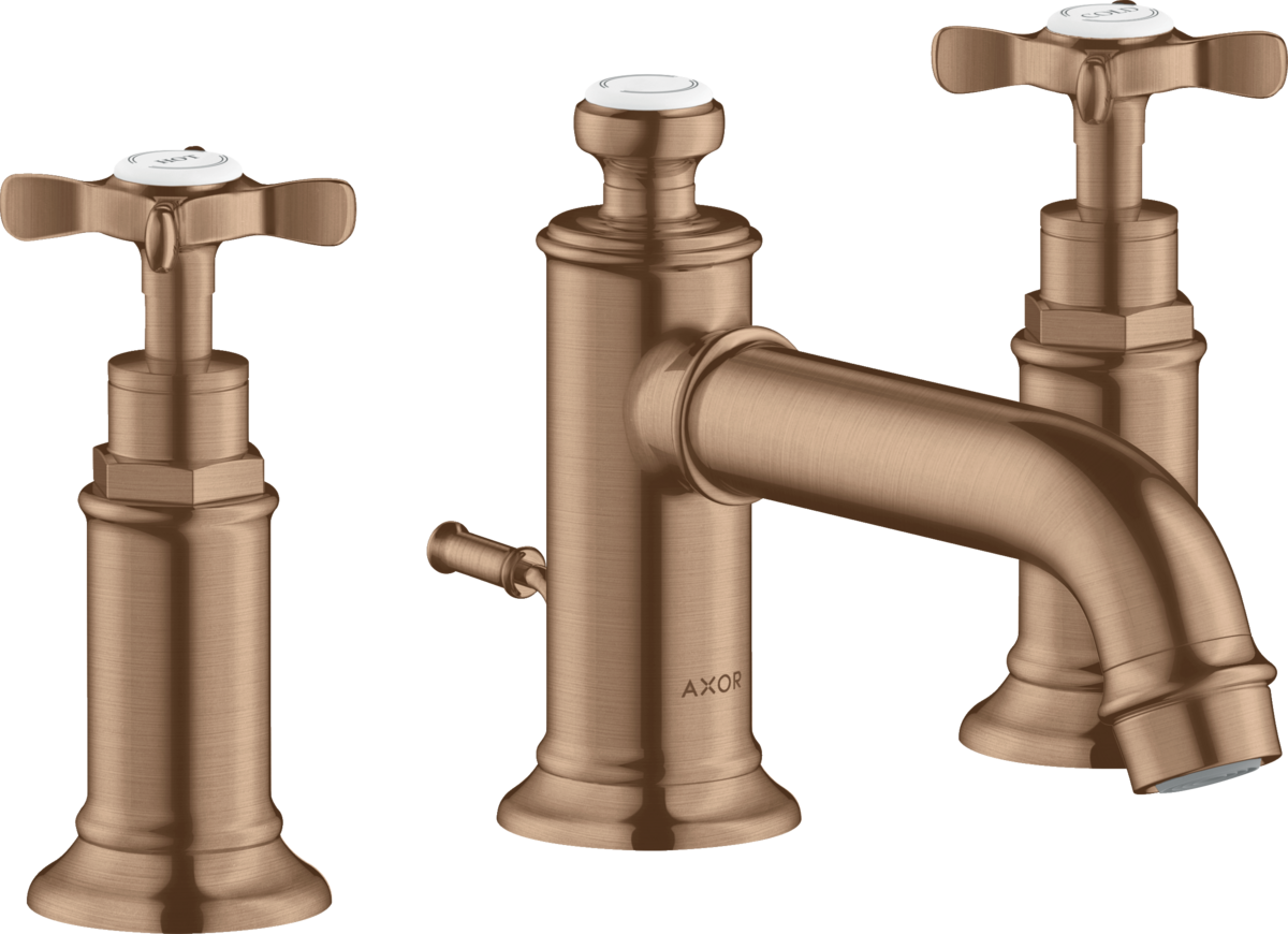 HANSGROHE AXOR Montreux 3-otvorová umyvadlová baterie 30 s křížovými rukojeťmi a výsuvným odpadem #16536310 - Brushed Red Gold