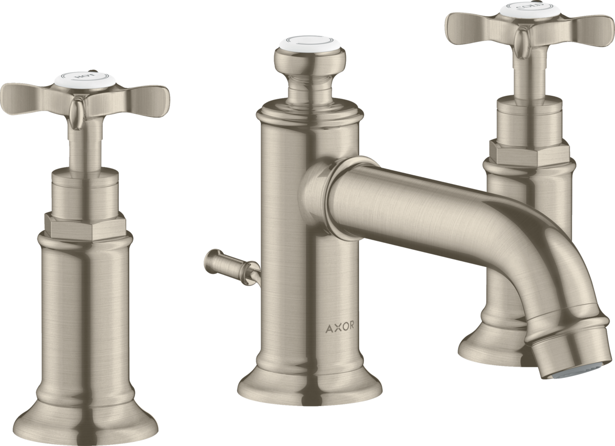 HANSGROHE AXOR Montreux 3otvorová umyvadlová baterie 30 s rukojeťmi ve tvaru kříže a s odtokovou soupravou s táhlem #16536820 - kartáčovaný nikl