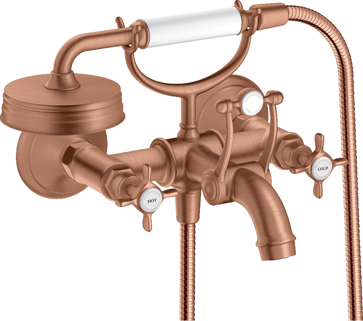 HANSGROHE AXOR Montreux 2páková vanová baterie na povrch s křížovými rukojeťmi #16540310 - kartáčované červené zlato
