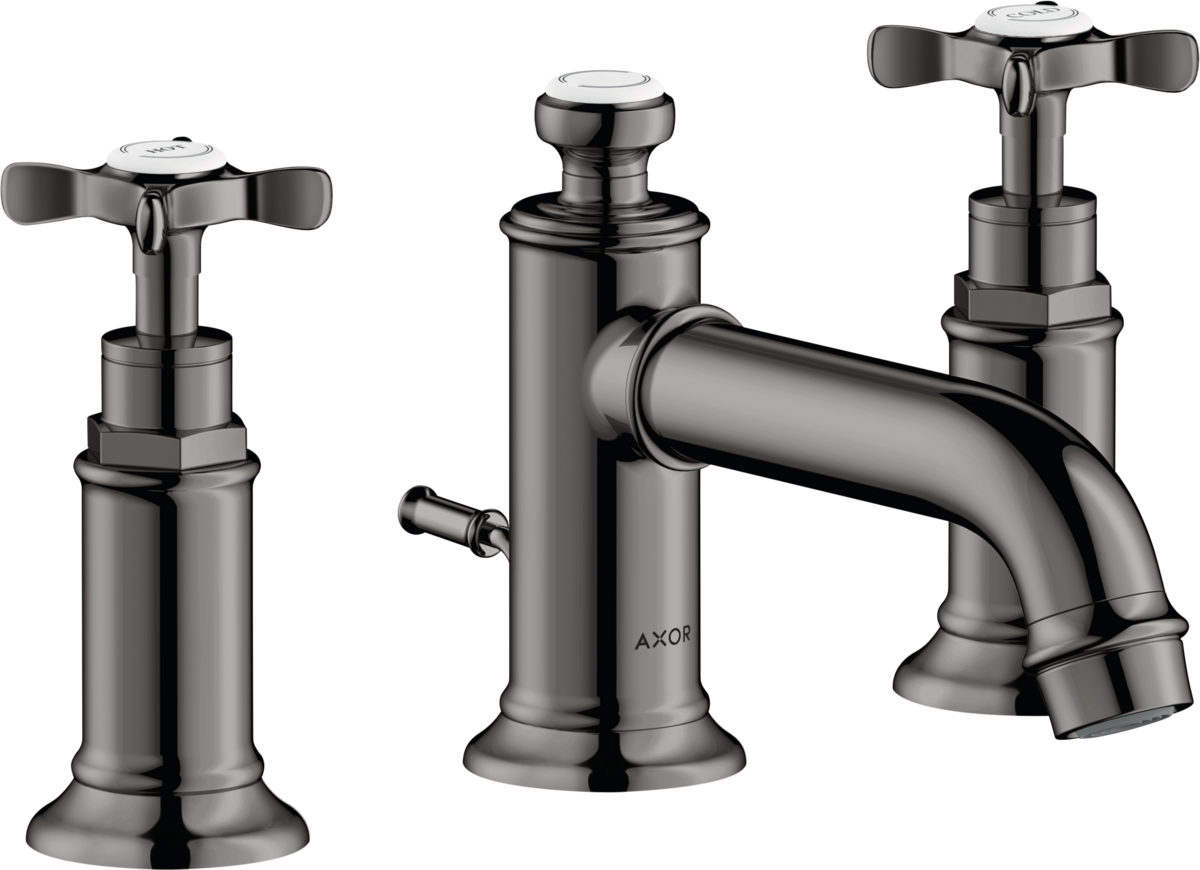 HANSGROHE AXOR Montreux 3-otvorová umyvadlová baterie 30 s křížovými rukojeťmi a výsuvným odpadem #16536330 - Leštěný černý chrom