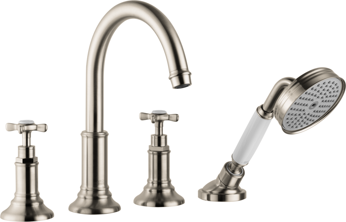 HANSGROHE AXOR Montreux 4otvorová baterie na vanový sokl s rukojeťmi ve tvaru kříže #16544820 - kartáčovaný nikl