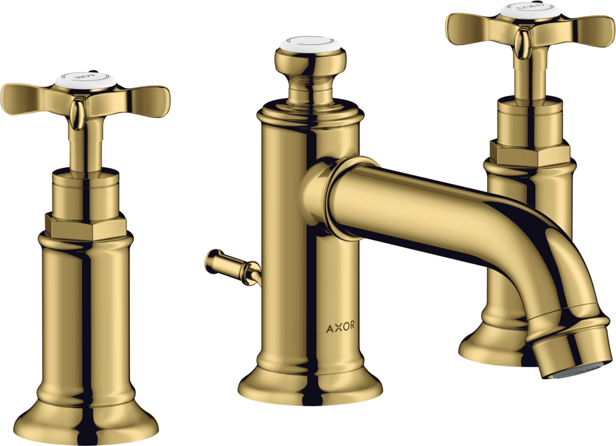 HANSGROHE AXOR Montreux 3-otvorová umyvadlová baterie 30 s křížovými rukojeťmi a výsuvným odpadem #16536990 - Polished Gold Optic