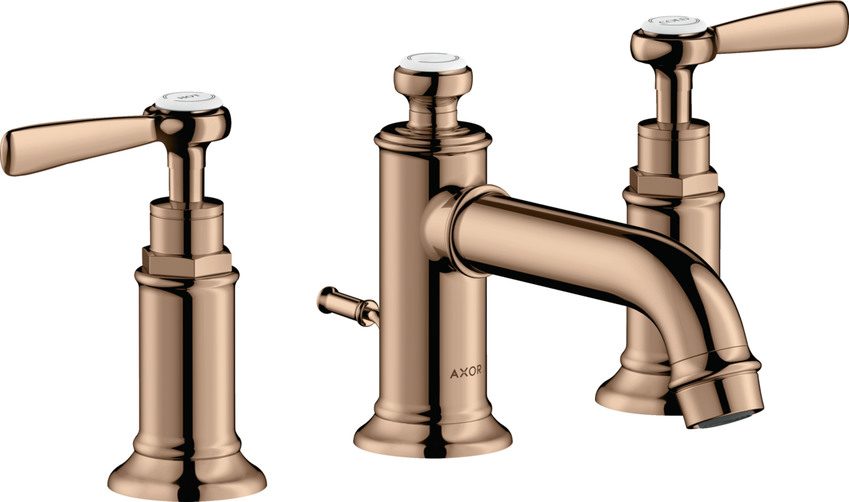 HANSGROHE AXOR Montreux 3-otvorová umyvadlová baterie 30 s pákovými rukojeťmi a výsuvným odpadem #16535300 - Leštěné červené zlato