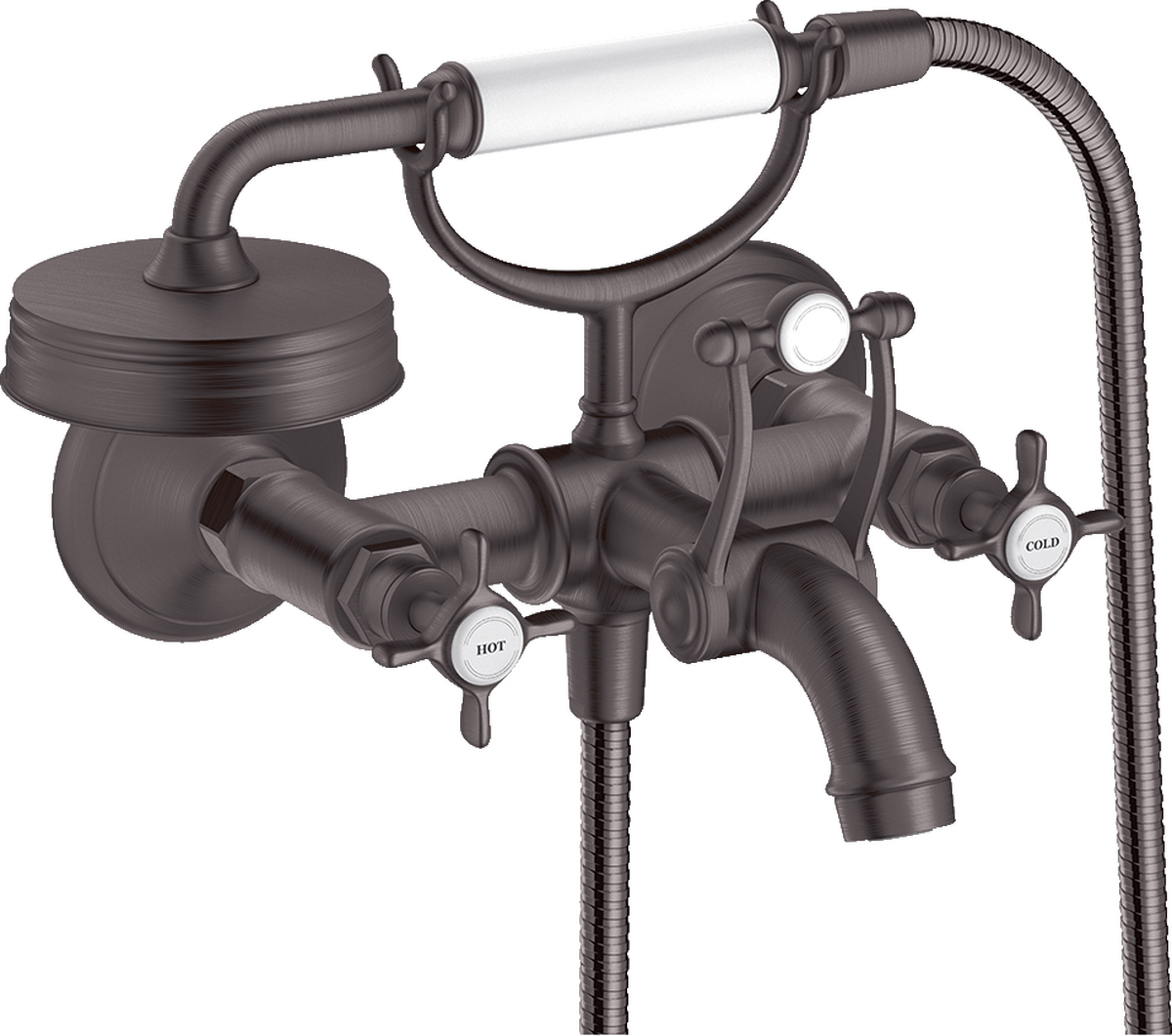 HANSGROHE AXOR Montreux Vanová baterie se dvěma ventily s instalací na stěnu, s rukojeťmi ve tvaru kříže #16540340 - kartáčovaný černý chrom