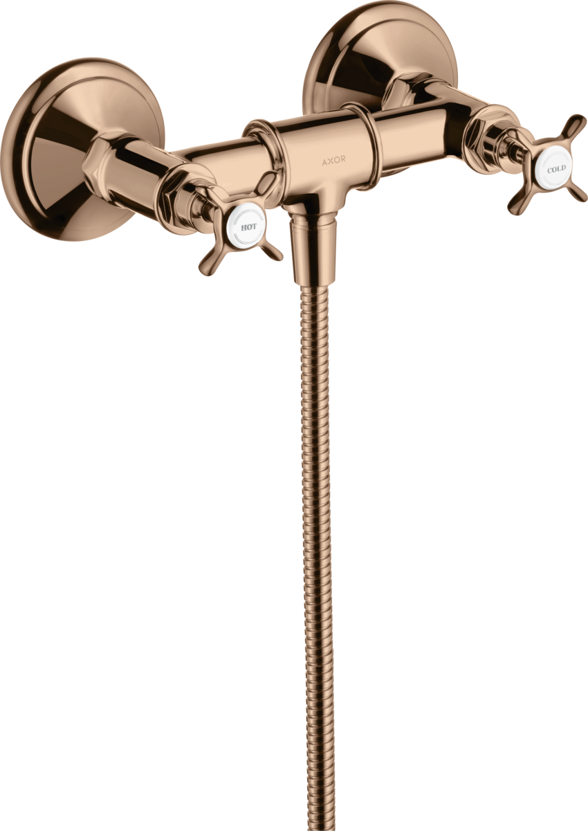 HANSGROHE AXOR Montreux 2-ruční povrchová sprchová baterie s křížovými rukojeťmi #16560300 - Leštěné červené zlato