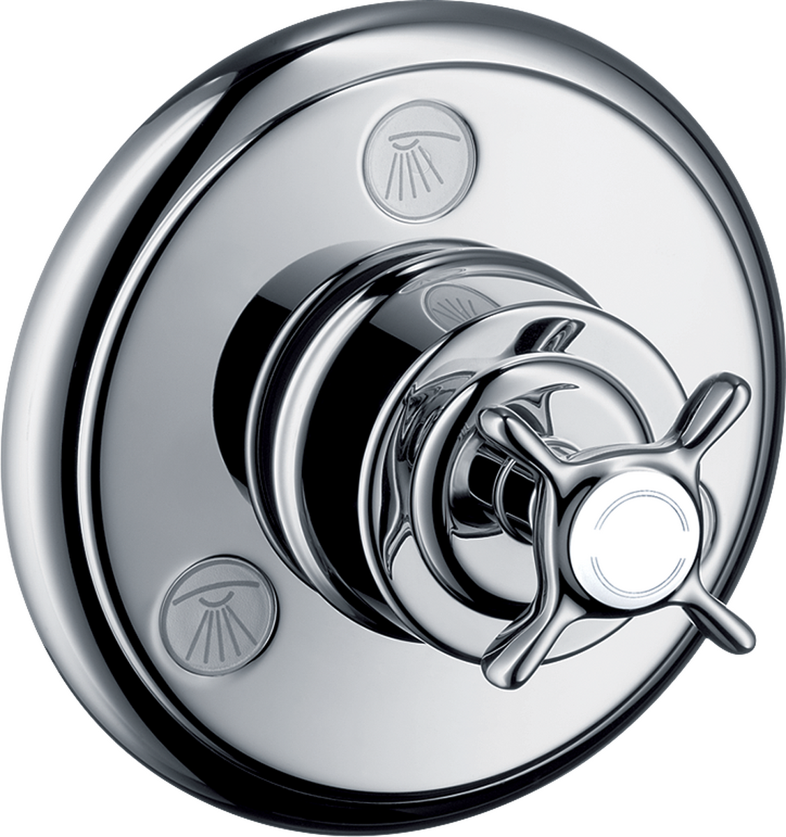 HANSGROHE AXOR Montreux Uzavírací a přepínací ventil Trio/Quattro s podomítkovou instalací, s rukojetí ve tvaru kříže #16830000 - chrom