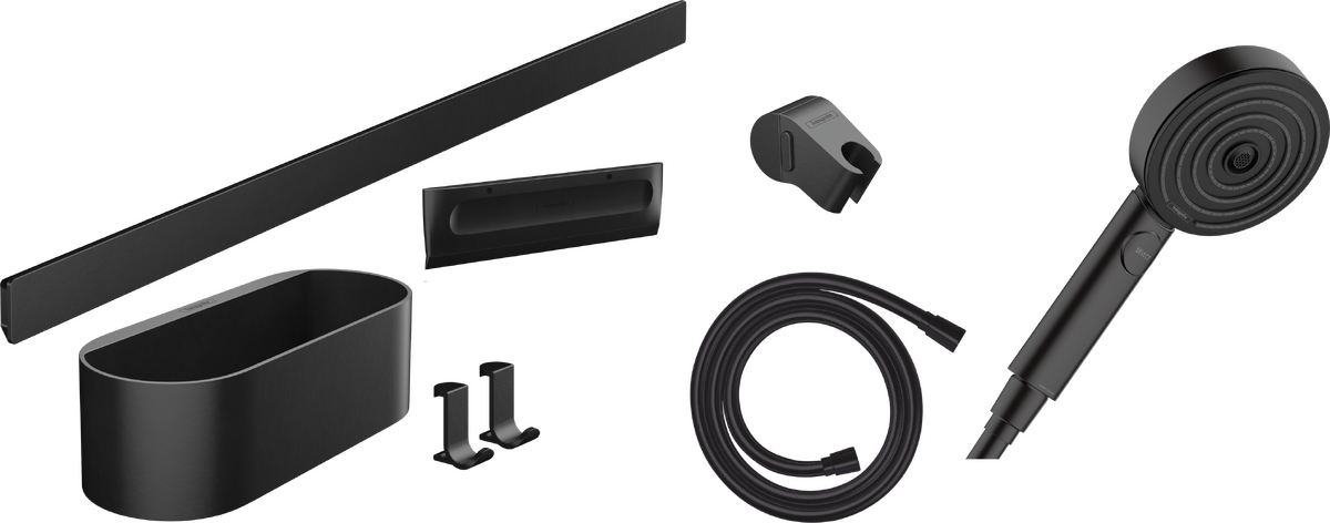 HANSGROHE WallStoris Sada: ruční sprcha 105 3jet Activation EcoSmart, nástěnná tyč 70 cm a sada pro odkládání #24291670 - matná černá