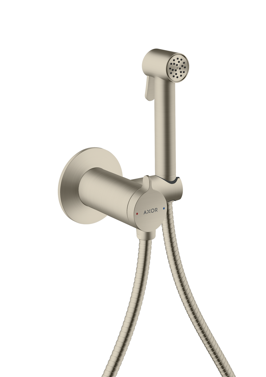 HANSGROHE AXOR Bidette Sprchy Bidette ruční sprcha 1 proud kulatý pro smíšenou vodu s držákem sprchy a sprchovou hadicí 1,25 m #29242820 - kartáčovaný nikl