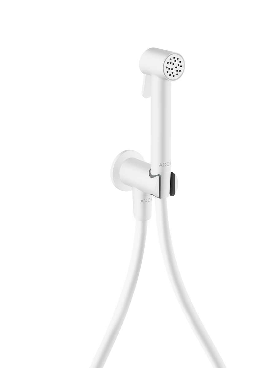 HANSGROHE AXOR Bidette Sprchy Bidette ruční sprcha 1proudová kulatá na studenou vodu s držákem sprchy a sprchovou hadicí 1,25 m #29240700 - matná bílá