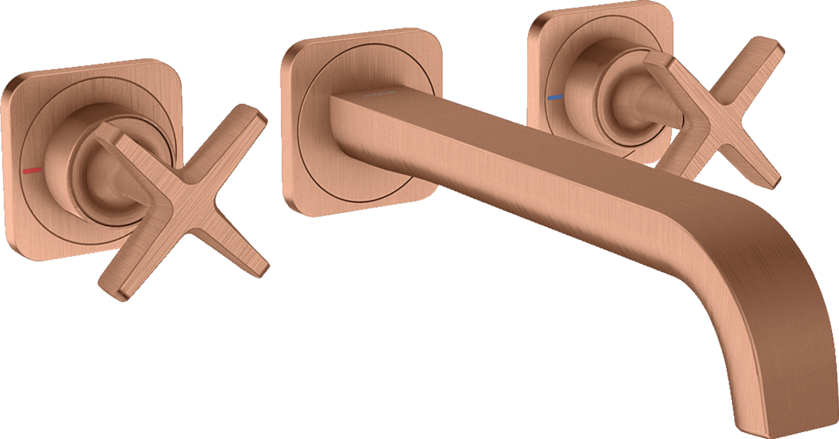 HANSGROHE AXOR Citterio E tříotvorová podomítková umyvadlová baterie pro montáž na stěnu s výtokem 220 mm a rozetami #36107310 - Brushed Red Gold