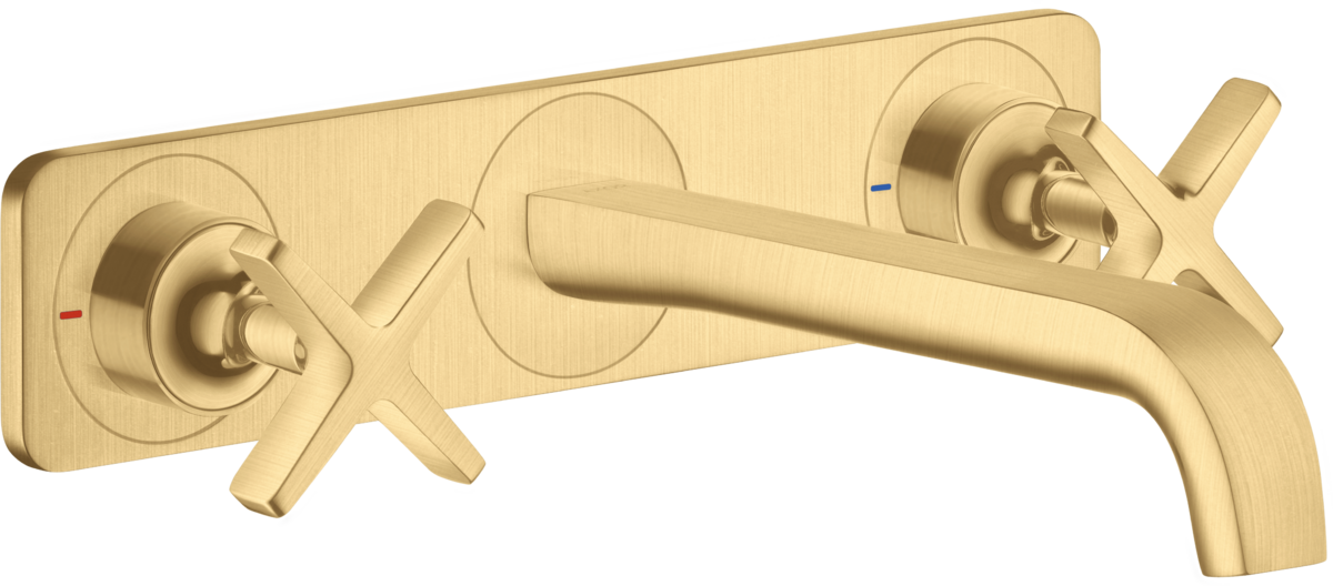 HANSGROHE AXOR Citterio E tříotvorová umyvadlová baterie pro montáž na stěnu s výtokem 220 mm a deskou #36115250 - Brushed Gold Optic