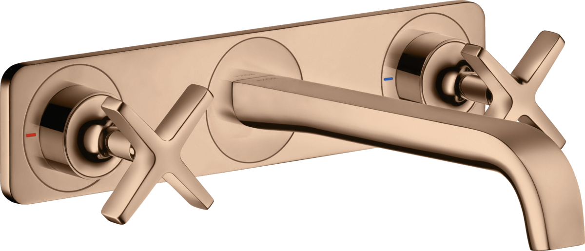 HANSGROHE AXOR Citterio E tříotvorová podomítková umyvadlová baterie pro montáž na stěnu s výtokovou trubicí 220 mm a deskou #36115300 - Leštěné červené zlato