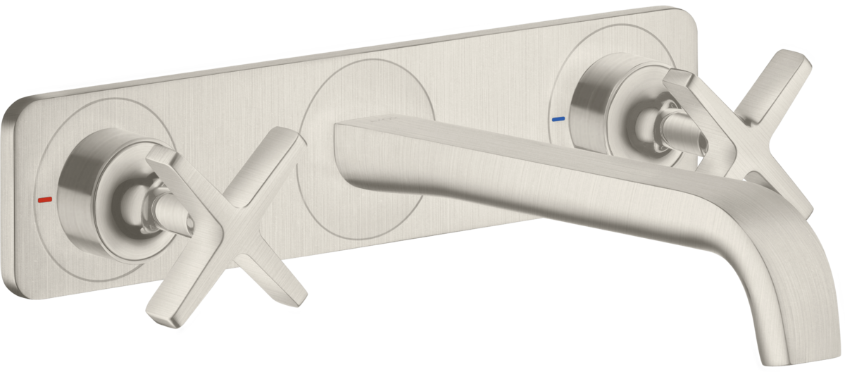 HANSGROHE AXOR Citterio E 3otvorová podomítková umyvadlová baterie k montáži na stěnu s výtokem 220 mm a deskou #36115800 - nerezová ocel Optic