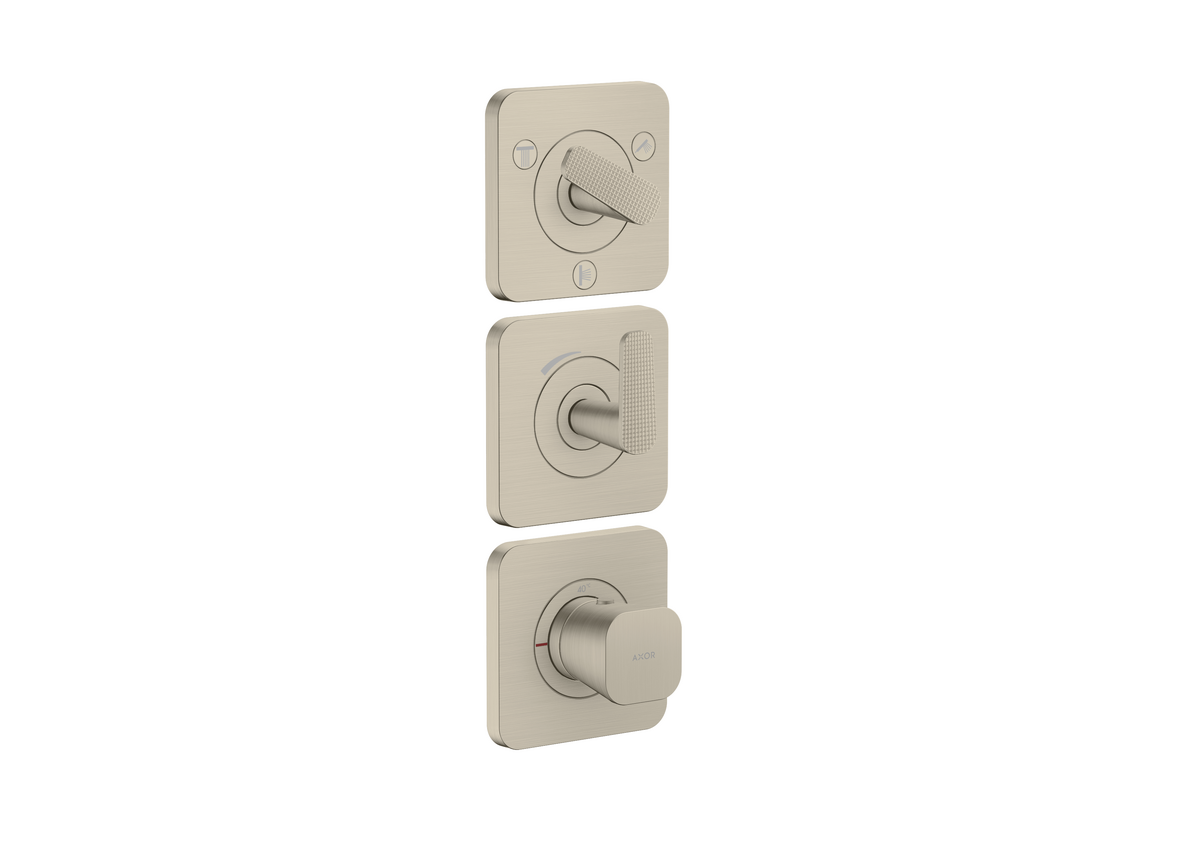 HANSGROHE AXOR Citterio C Modul termostatu 380/120 pod omítku, s rozetami, pro 3 spotřebiče - kubický brus #49711820 - kartáčovaný nikl