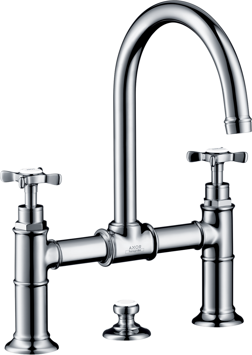 HANSGROHE AXOR Montreux Umyvadlová baterie se se dvěma ventily 220 s rukojeťmi ve tvaru kříže a s odtokovou soupravou s táhlem #16510000 - chrom