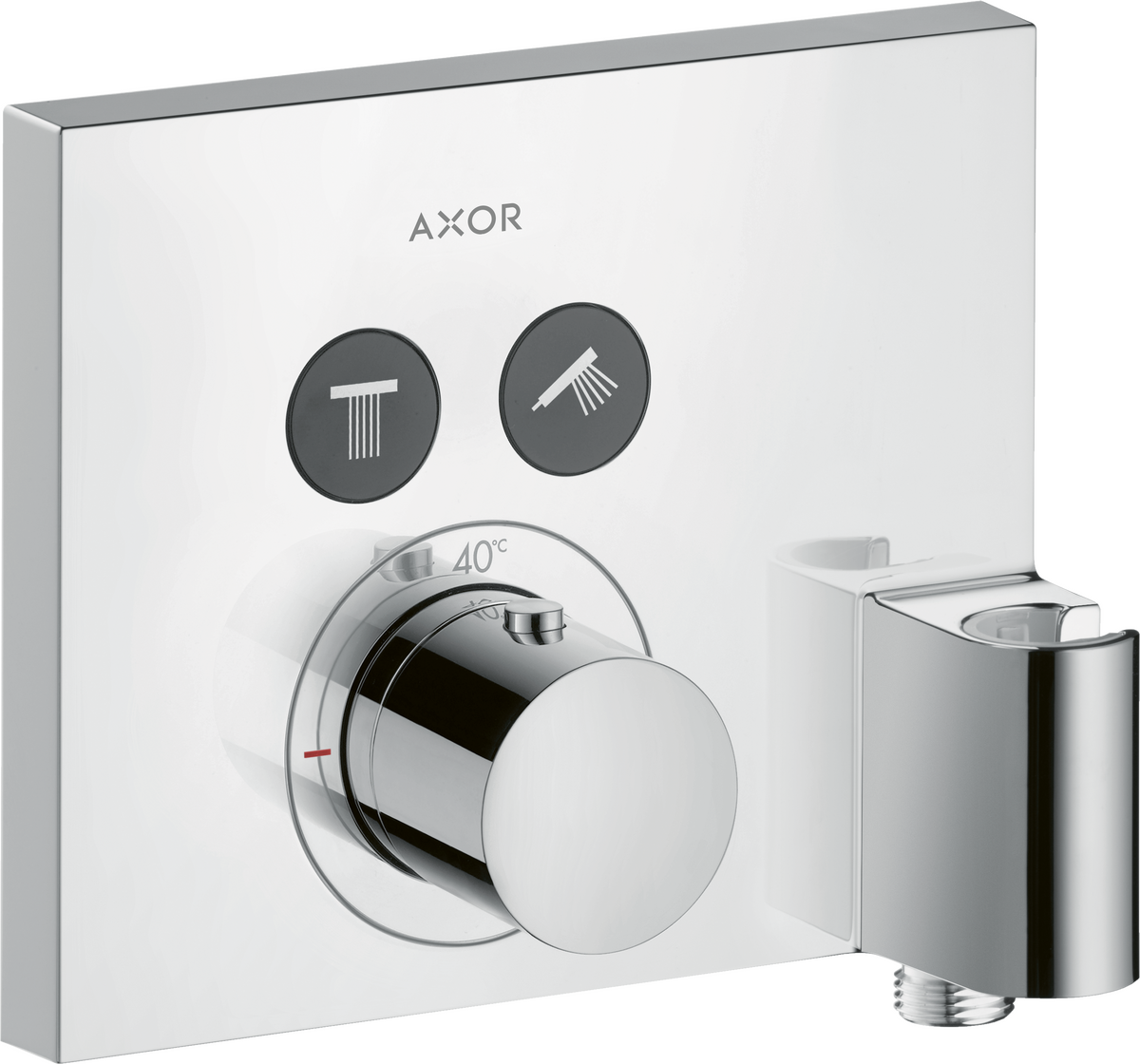 HANSGROHE AXOR ShowerSelect Termostat s podomítkovou instalací, hranatá verze, pro 2 spotřebiče, s přípojkou hadice a držákem #36712000 - chrom