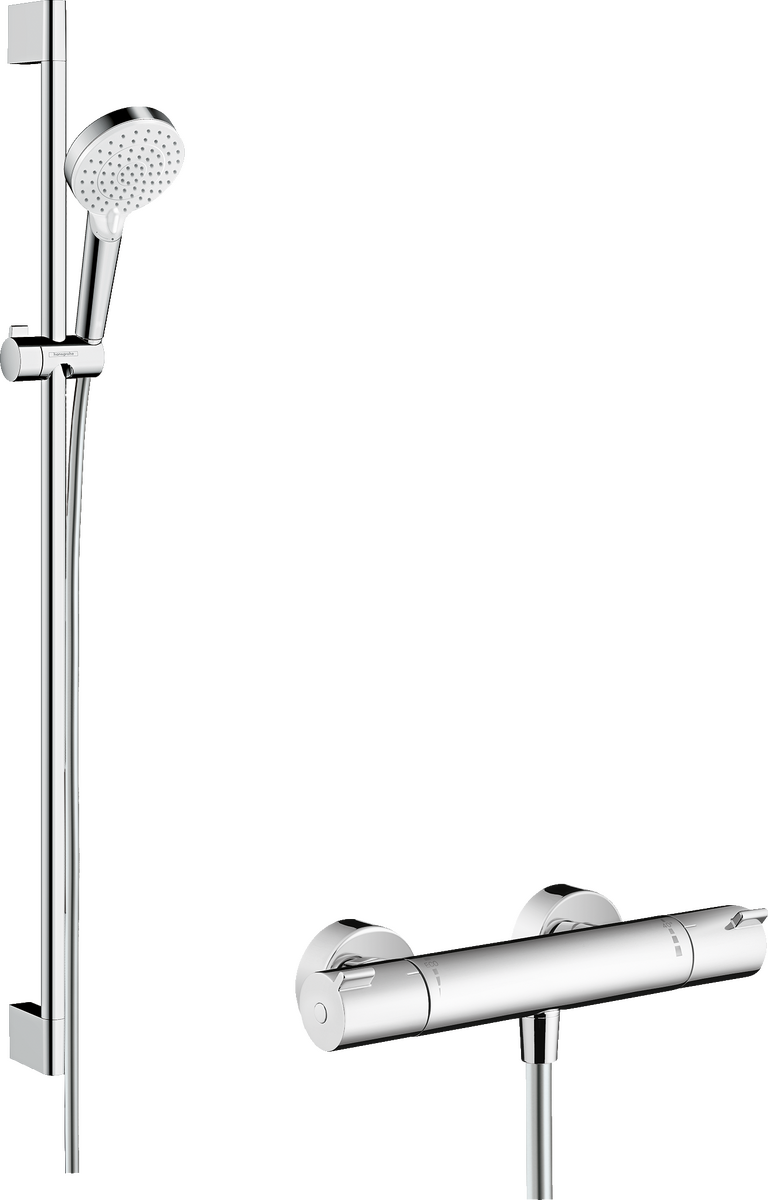 HANSGROHE Crometta Sprchový systém na stěnu Vario s termostatem Ecostat 1001 CL a sprchovou tyčí 90 cm #27813400 - bílá/chrom