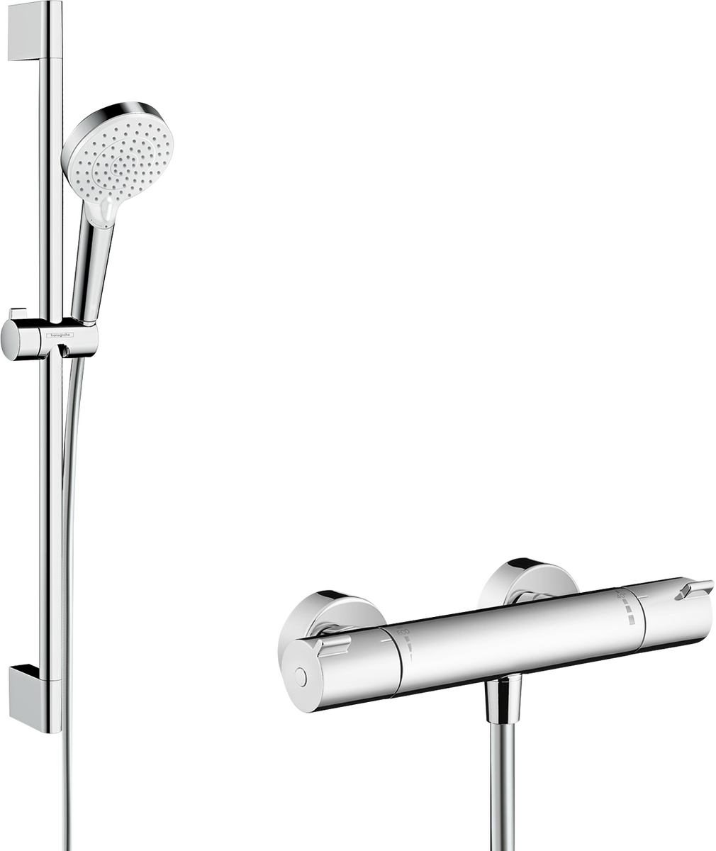 HANSGROHE Crometta Vario sprchový systém na stěnu s termostatem Ecostat 1001 CL a sprchovou tyčí 65 cm #27812400 - bílá/chrom