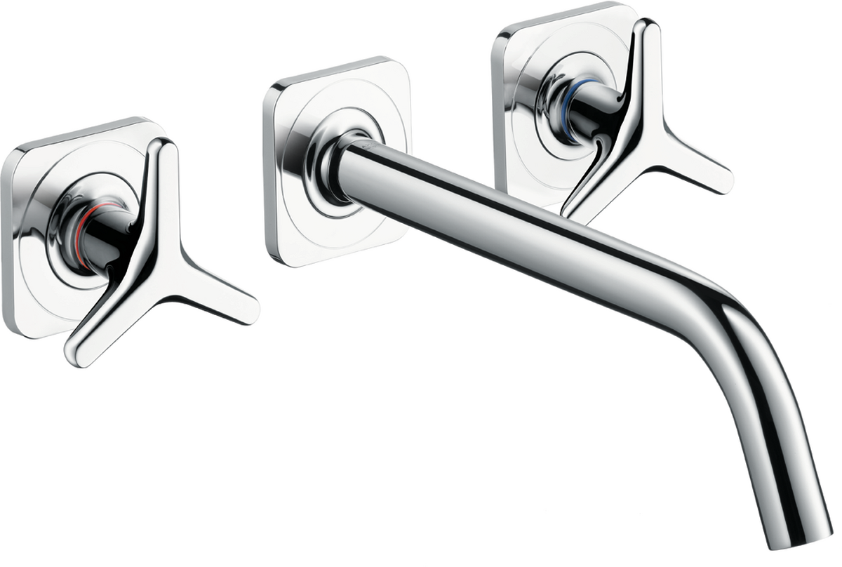 HANSGROHE AXOR Citterio M 3otvorová podomítková umyvadlová baterie pro montáž na stěnu s výtokem 226 mm, hvězdicovými rukojeťmi a rozetami #34217000