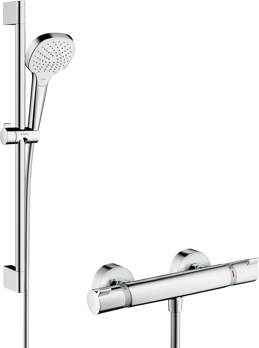 HANSGROHE Croma Select E Vario sprchový systém na stěnu s termostatem Ecostat Comfort a sprchovou tyčí 65 cm #27081400 - bílá/chrom