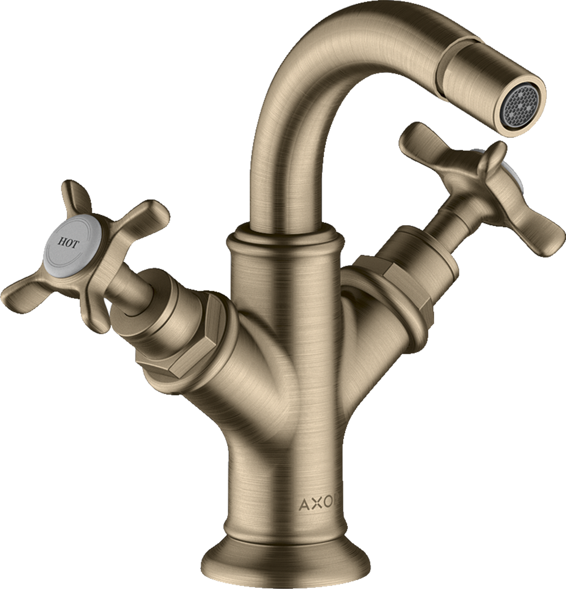 HANSGROHE AXOR Montreux Bidetová baterie se se dvěma ventily a rukojeťmi ve tvaru kříže, s odtokovou soupravou s táhlem #16520820 - kartáčovaný nikl