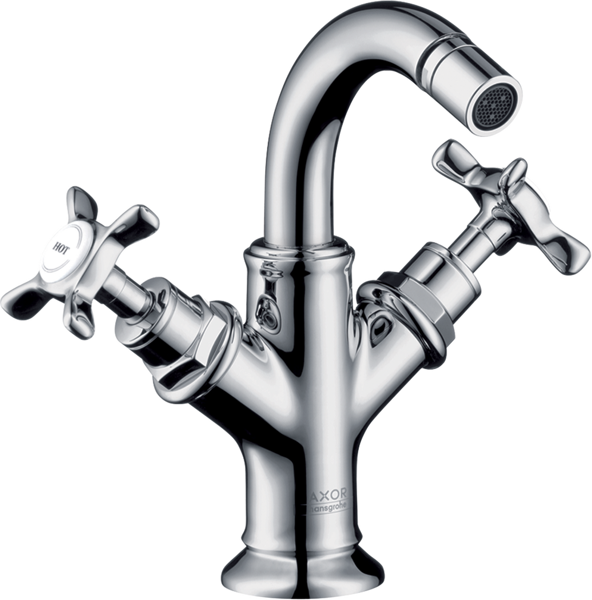 HANSGROHE AXOR Montreux Bidetová baterie se se dvěma ventily a rukojeťmi ve tvaru kříže, s odtokovou soupravou s táhlem #16520000 - chrom