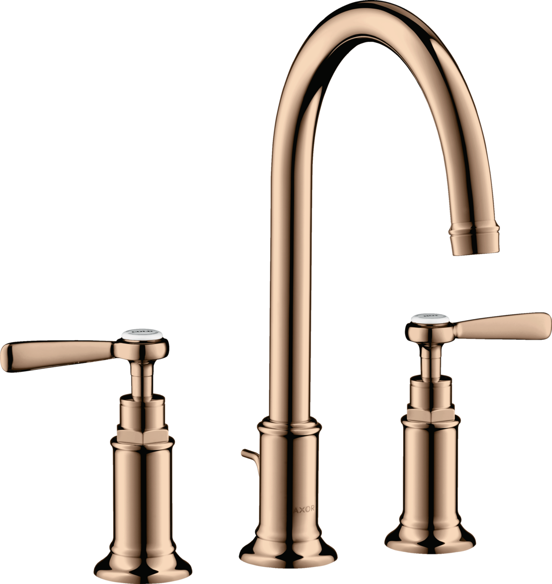 HANSGROHE AXOR Montreux tříotvorová umyvadlová baterie 180 s pákovými rukojeťmi a výsuvným odpadem #16514300 - Leštěné červené zlato