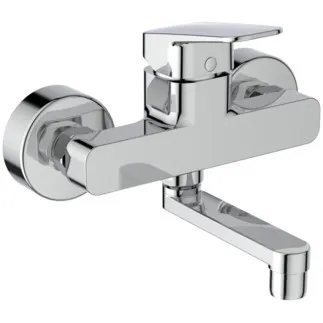 IDEAL STANDARD CERAPLAN - Nástěnná umyvadlová baterie 166x155 mm, svislá vzdálenost od středu výpusti 148 mm, chrom, 12 l/min (3 bary), bez výsuvného odpadu - EPD, povrch SmartShine, certifikát NF #BD241AA - chrom