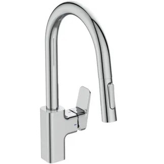 IDEAL STANDARD CERAPLAN - Kuchyňská baterie 118x256x394 mm, svislá vzdálenost od středu výtoku 216 mm, chrom, 9 l/min (3 bary) - EasyFix, skrytý perlátor, BlueStart, technologie Click, EPD, FirmaFlow, 2 druhy proudu, vytahovací ruční sprcha, povrch SmartShine #BD338AA - chrom